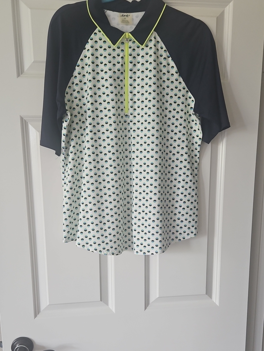 Women’s Short Sleeve Golf Top in White with Navy and Lime Trim JO FIT